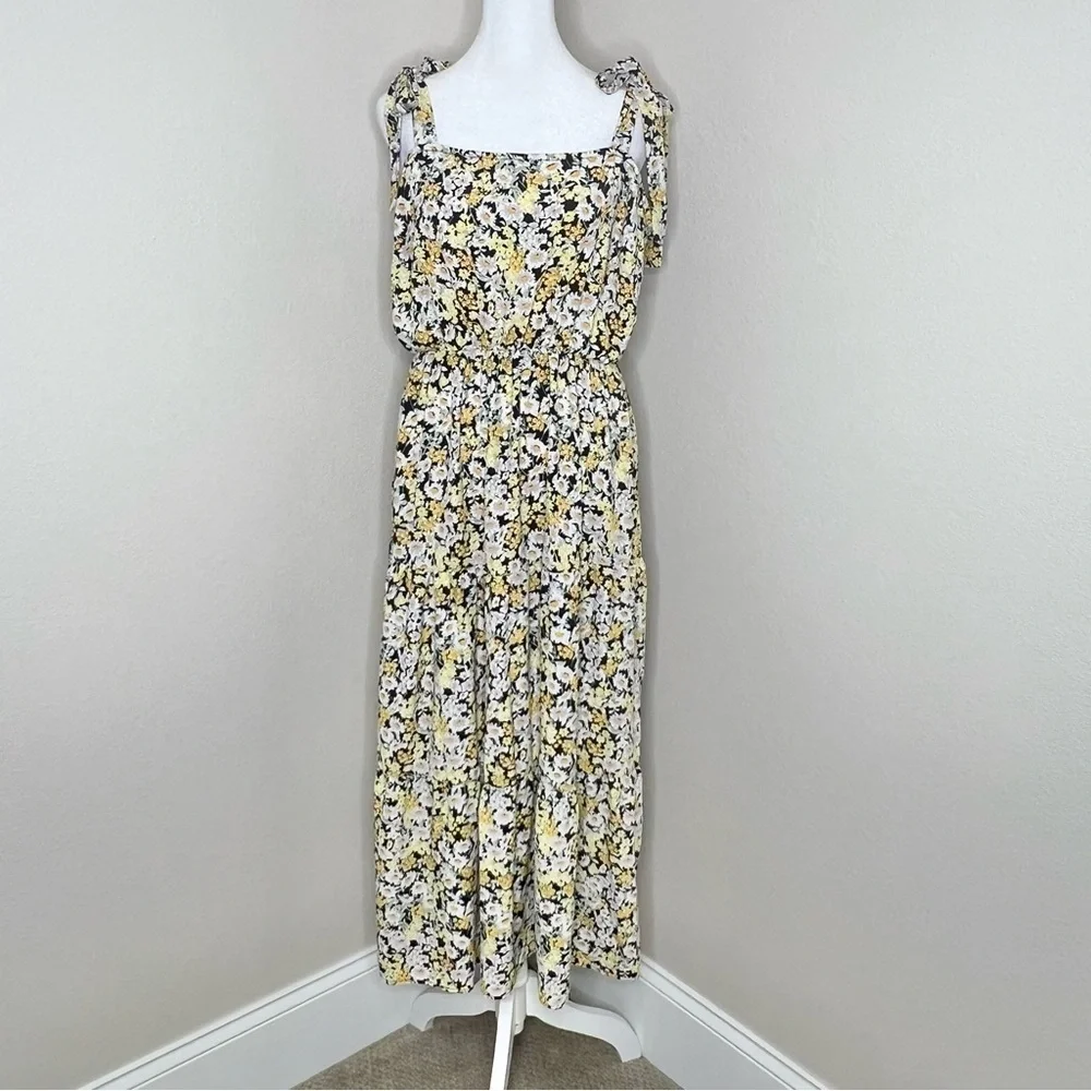 Social Standard by Sanctuary Black Yellow Floral Shoulder Tie Smocked Midi Dress - Picture 4 of 13
